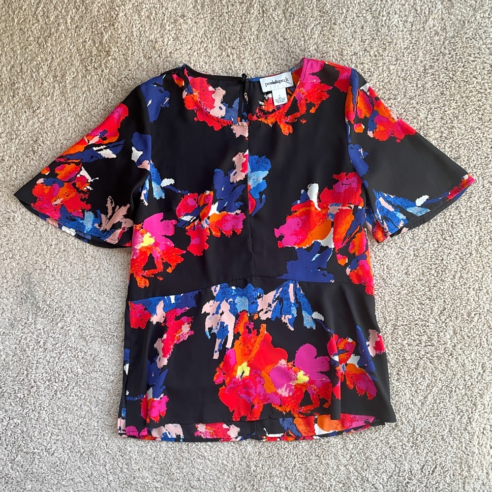 Peck & Peck Colorful Pink Orange Flower Flowy Peplum Short Sleeve Top Size Small
